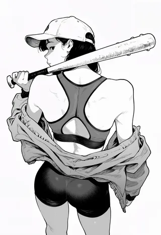 Monochrome illustration of a girl from the back holding a baseball bat over her shoulder, wearing a baseball cap, sports bra, bike shorts, and an open jacket
