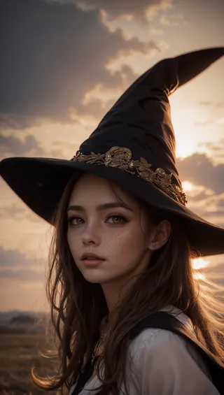 Photorealistic portrait of a young woman witch with freckles and grey eyes wearing an ornate black witch hat at sunset.