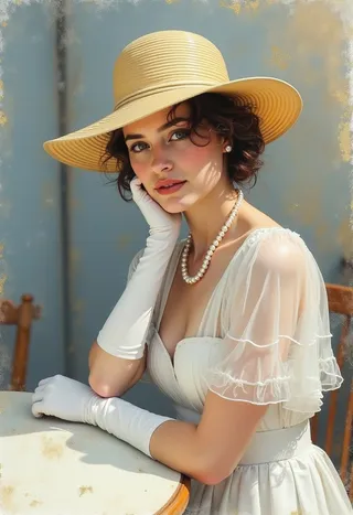 Portrait of an early 20th century style girl wearing a wide-brimmed hat, pearl necklace, and white long gloves, sitting at a cafe table with a light blue background and gold leaf accents
