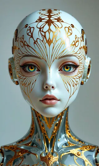 Close-up portrait of a female robot with smooth porcelain white skin and intricate golden radial markings on the face, featuring symmetrical patterns, striking yellow eyes, and a transparent glass body with gold details.