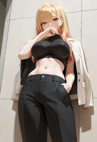 Anime style blonde-haired girl with red eyes wearing a black crop top and black pants, white jacket draped over shoulders, covering mouth with hand.