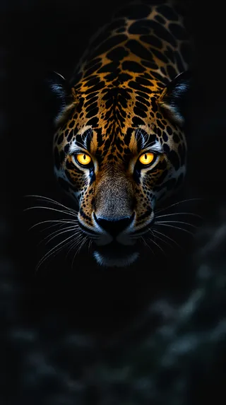 A hyper-realistic cinematic image of a majestic jaguar emerging from darkness with glowing yellow eyes, showcasing detailed rosettes on its golden-black fur.