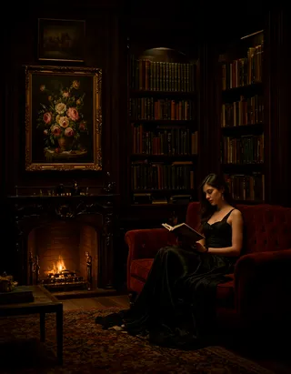A woman in a black dress reading a book on a dark red velvet sofa in a cozy dark library room next to a lit fireplace and a floral painting on the wall.