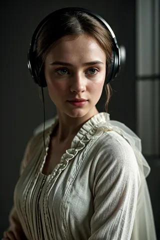 A close-up portrait of a young woman resembling Jane Eyre wearing black headphones, featuring natural skin texture and soft cinematic lighting.