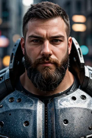 Close-up portrait of a muscular bearded man wearing a worn and rusted steel mech suit, with a detailed face and soft lighting against a blurred street background featuring light bokeh.
