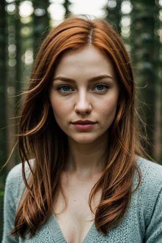 Close-up portrait of a European woman with ginger hair standing in a winter forest, showcasing natural skin texture and soft cinematic lighting.