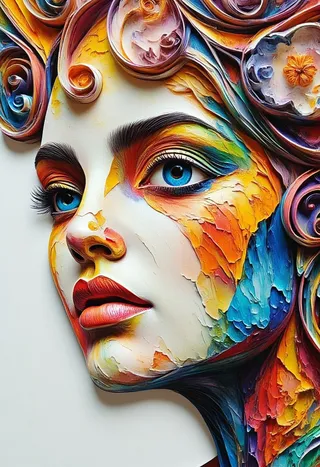 Close-up of a woman's face rendered in layered paper art with bright watercolour cracked and peeled paint textures, vibrant colors and detailed facial features.