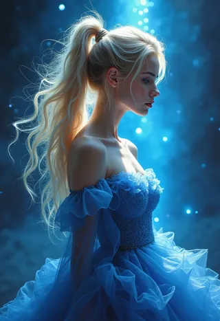Profile of a blonde woman with a long ponytail wearing an elegant blue off-shoulder dress, illuminated by a glowing blue background with soft light and particles.