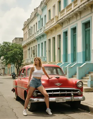 Young woman in white tank top and denim shorts leaning against a vintage 1950s red car on a colorful Cuban street in Havana with pastel buildings in the background.
