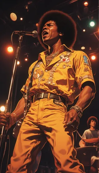James Brown wearing a yellow embellished outfit with afro hairstyle, passionately singing into a microphone during a live stage performance.