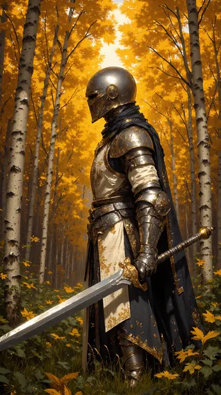 A knight clad in detailed armor holding a long sword stands in a birch tree forest with golden autumn leaves during daytime.