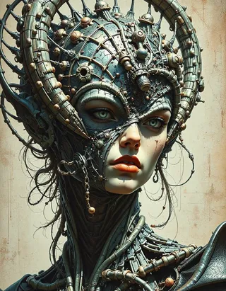 Portrait of a dark fantasy creature featuring a female face adorned with an intricate mechanical headdress composed of metal tubes, spheres, and lace-like wires in a cybernetic design.