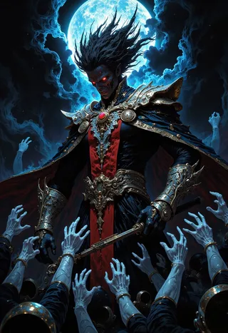 A dark ethereal figure with red glowing eyes stands against a full moon backdrop, wearing ornate armor and surrounded by reaching haunted blue hands and swirling blue energy.