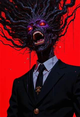 A terrifying shadowy humanoid figure with glowing red and purple eyes, black tendrils erupting from its head, jagged teeth, wearing a black school uniform against a vivid red background.