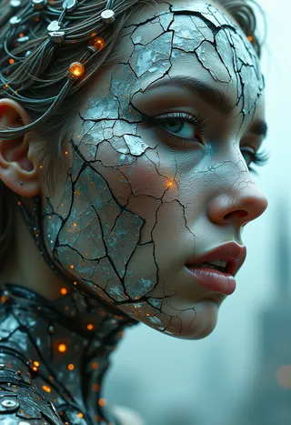 Close-up portrait of a woman with a fragmented face resembling cracked glass, glowing orange highlights, metallic wire hair with neon bulbs, and glass armor.