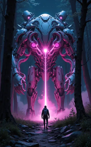 A towering futuristic cyborg mech standing in a dark forest illuminated by pink laser beams and glowing lights, facing a lone person with a backpack.