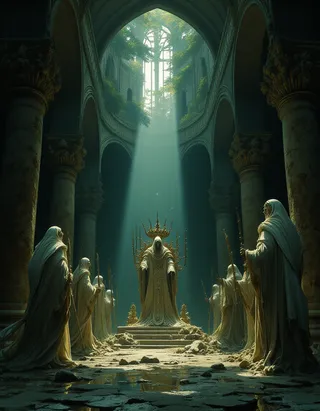 Panoramic view of hypostyle hall in ruined castle during coronation, featuring a mummified king on throne supported by spectres with spears under a ray of light