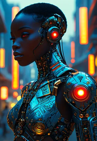 Profile of a futuristic black cyborg woman with sleek metallic robotic plating, glowing red neon eyes, and intricate African tribal markings, illuminated by ambient neon city lights.