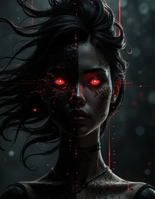 Portrait of a digital entity with glowing red eyes and a half-dissolving face, dark flowing hair, surrounded by glitch patterns on a dark fragmented background.