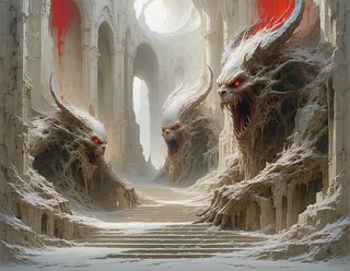 Three grotesque demonic creatures with glowing red eyes emerging amidst intricate gothic cathedral ruins with worn stone stairs and red dripping marks.