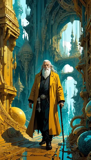 An old wizard with white hair and beard wearing a yellow coat and black robes, walking with a cane through an intricate, fantastical cityscape bathed in yellow and cyan hues with towering, elaborate architecture.