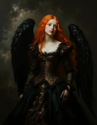 A teen female angel with long flowing red hair, wearing an ornate black and gold corseted dress with intricate details, and large black feathery wings, illuminated by Rembrandt lighting against a dark, nebulous background.
