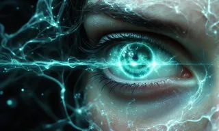 Close-up side view of a hyper-realistic eye glowing with aqua electric energy, showcasing intricate details and dynamic lighting effects.