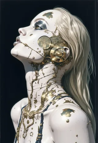 Ultra-realistic portrait of a female biomechanical robot with white metallic skin and gold accents, looking upward with dramatic lighting.