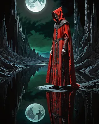 A guard in a detailed scarlet robe stands solemnly by still water reflecting the full moon and dark, jagged Mordor landscape under volumetric moonlight.