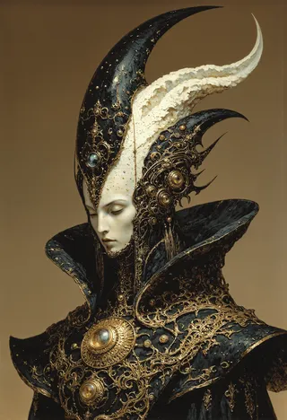 Portrait of a serene female figure with a pale porcelain-like face, adorned with an intricately designed black and gold ornate headdress featuring baroque filigree and cosmic symbols, wearing a high-collared black garment with golden embroidered patterns.