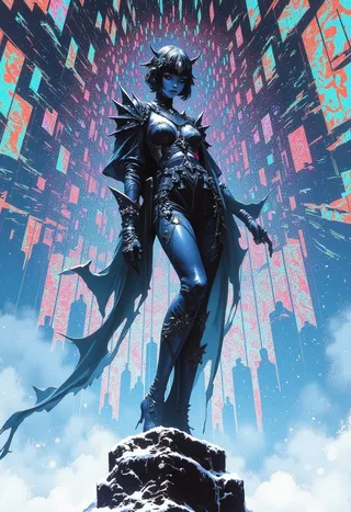A slender Japanese woman striking an eccentric, dynamic pose wears avant-garde armor-like fashion with spiked details, standing on a snowy rock under a sky filled with a holographic grid of cold-colored patterned figures.