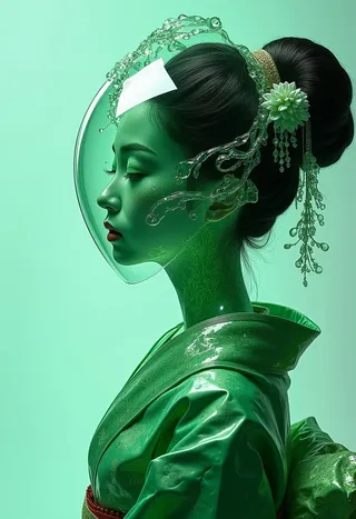 Side profile of a futuristic geisha wearing an emerald green kimono and a transparent glass headpiece with flowing fractal designs, styled in Sorayama and Yoshitaka Amano influences.
