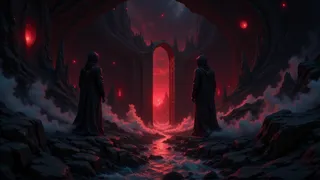 A dark cavern entrance illuminated by a red-lit doorway with two hooded figures standing guard with glowing red eyes, mist and a narrow river flowing through jagged rocks.