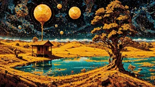 A surreal landscape featuring a hut beside a reflective lake, large golden planets floating in the starry sky, and a large tree with golden leaves in vivid colors and multilayer paint splash style.