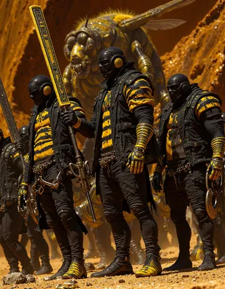 Muscular black and yellow bouncer bees dressed in leather jackets and tactical gear stand menacingly, holding various weapons with a giant honeycomb and a giant bee behind them.