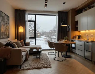 A modern apartment featuring a cozy living area with a beige sectional sofa, warm textured throws, a shaggy rug, a compact round dining table with chairs, and an open kitchen with sleek cabinetry. Large window reveals a snowy urban street under a gray sky.