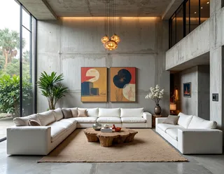 Eco-brutalist living room featuring white modular sofas, raw concrete walls, a natural wood coffee table, floor-to-ceiling window revealing lush greenery, and contemporary abstract art.