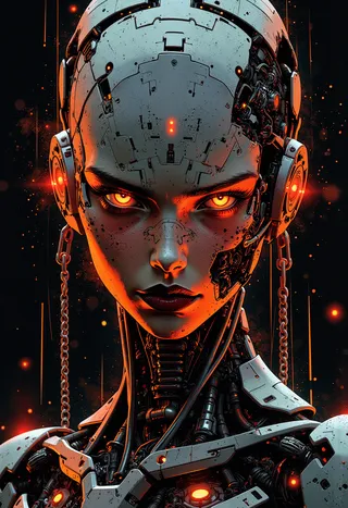 Close-up portrait of a cybernetic female combat cyborg with anodized metal body parts, glowing orange eyes, and intricate mechanical detailing under cinematic lighting.