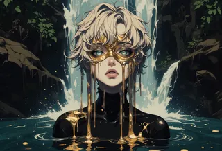 A stylized digital anime portrait of a woman with short messy silver hair and striking teal eyes. She wears a melting gold mask that drips down over her face and shoulders, set against a cascading waterfall background.
