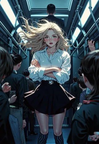 Digital artwork of a blonde girl with wavy hair and a surprised expression standing with crossed arms inside a crowded subway car, wearing an office uniform and thigh-high socks with a dark, cinematic atmosphere.