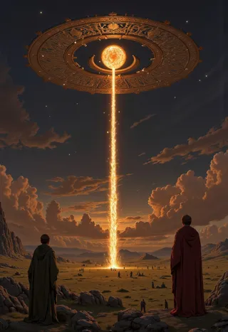 Two cloaked figures watch a glowing beam of light descending from an ancient ornate ring suspended in a mystical sky over Laqoris plains.