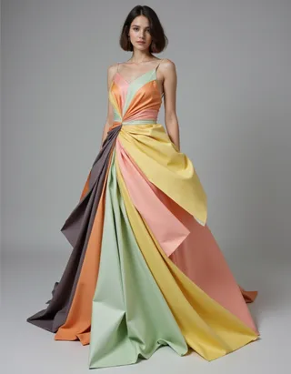 Young woman wearing a long colorful gown made of folded origami paper with sharp creases forming angular shapes.