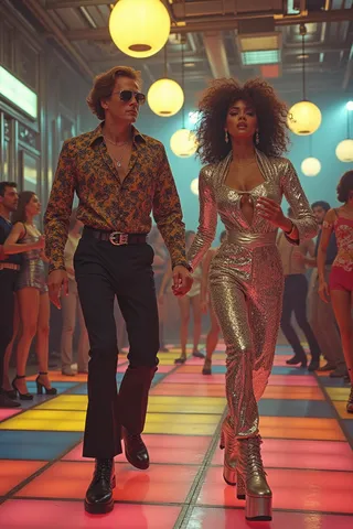 Man and woman in 1970s-inspired fashion dancing on a glowing multicolored retro dance floor with hanging glowing orbs and crowd in vintage attire.