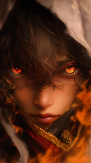 Close-up of a hooded figure with fiery orange eyes glowing intensely in the dark, surrounded by warm flames and shadows.