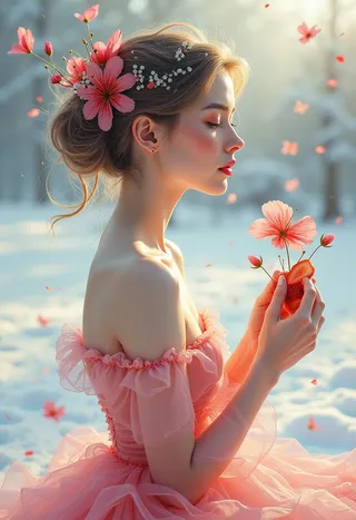 Portrait of a woman in a delicate pink dress holding strawberries and flowers against a snowy background illuminated by soft dawn light.