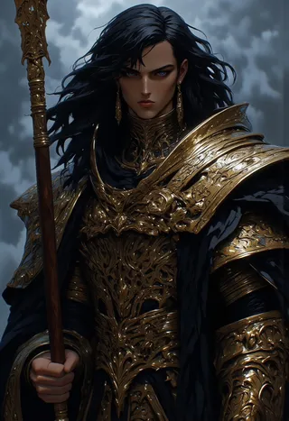 A dark-haired warrior wearing intricately detailed golden armor holding a staff, with piercing blue eyes and a determined expression, set against a cloudy background.