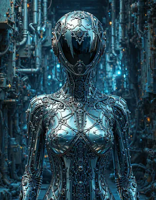 A mysterious cyberpunk alien woman wearing a reflective metallic bodysuit with intricate silver lines, her face obscured by a sleek helmet, standing against an industrial machinery backdrop with glowing blue circuits.