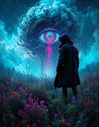 A lone figure in a dark coat stands amidst neon-lit bioluminescent grass, facing a large, iridescent eye embedded in a water-cloud vortex in a cyberpunk digital art style.