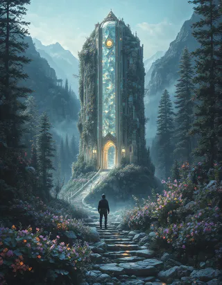 A colossal crystalline alien edifice rises from a misty mountain forest, illuminated by an ethereal glow, with an explorer standing on a rocky path surrounded by colorful luminescent flora.