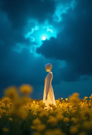 A minimalistic white origami human figure stands illuminated among glowing yellow flowers under a dark, neon-blue dramatic sky with swirling clouds.